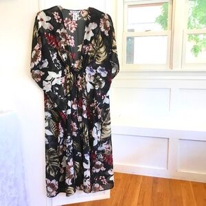 WALTER BAKER Kimono Cardigan Caftan Tulum Black Floral Tropical One Size Large